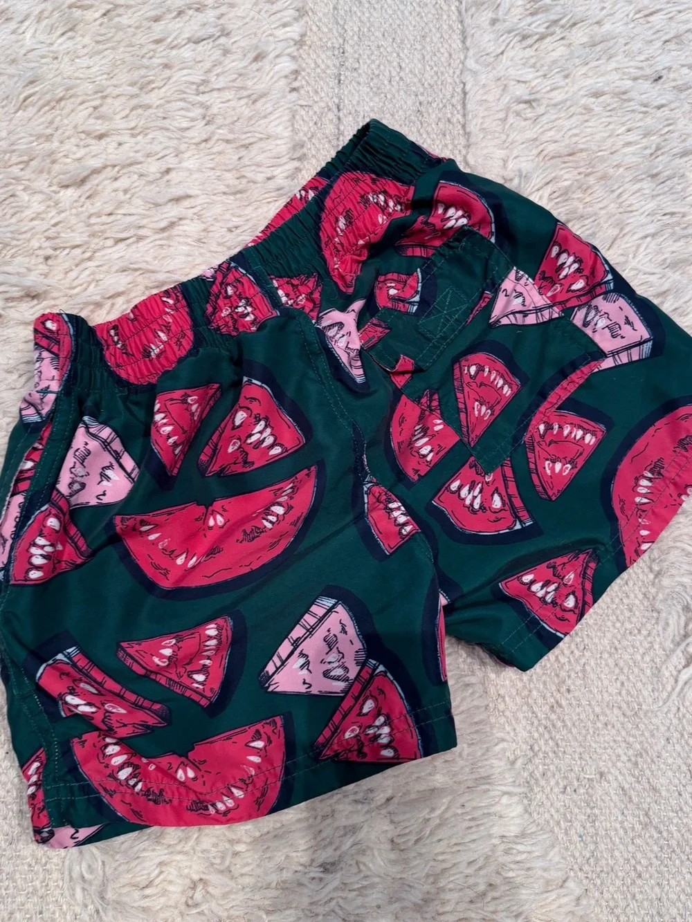 Pink Chicken Green Swim Shorts with Pink & Red Print